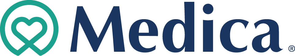 Medica logo: a teal and blue heart within a circle, next to the word