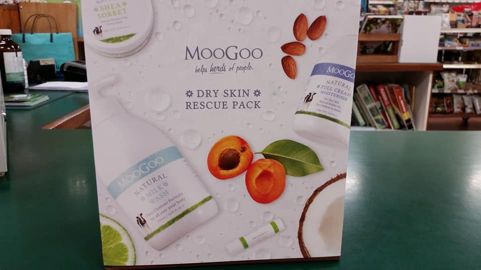 A Box of Moogoo Dry Skin Rescue Pack is Sitting on a Table — Atherton Health Food Centre in Atherton, QLD