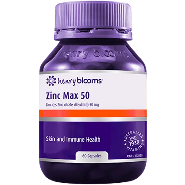 A bottle of henry blooms zinc max 50 capsules — Atherton Health Food Centre in Atherton, QLD