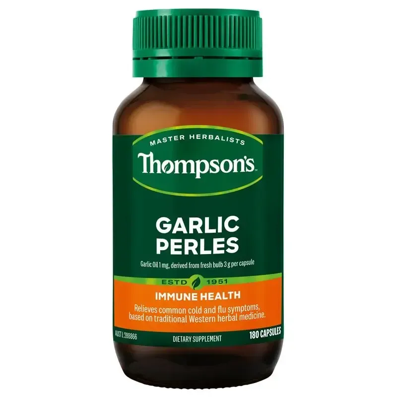 A bottle of thompson 's garlic perles on a white background— Atherton Health Food Centre in Atherton, QLD