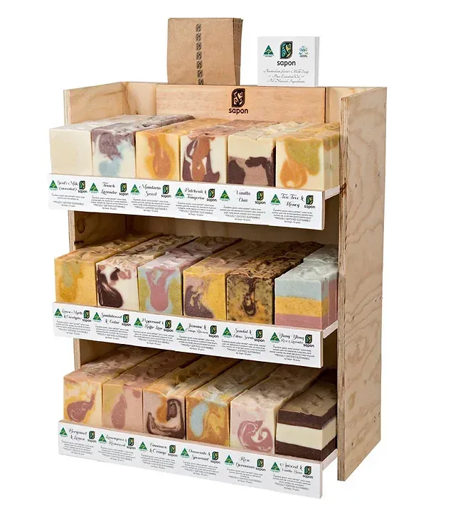 A wooden shelf filled with different types of soap — Atherton Health Food Centre in Atherton, QLD