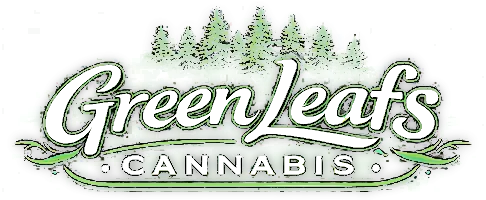 Green Leafs Cannabis logo with green trees and text on a dark background.
