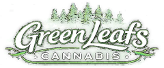Green Leafs Cannabis logo with green trees and text on a dark background.