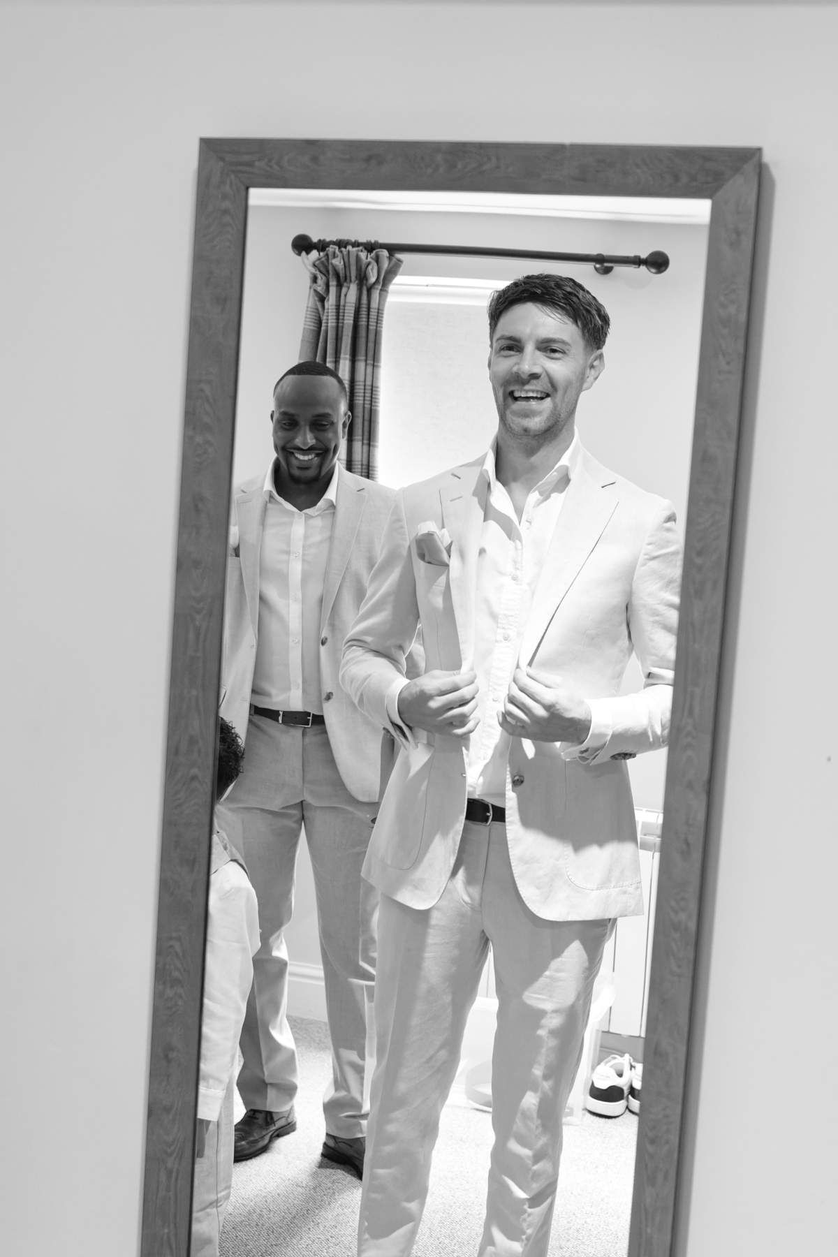 Black and white wedding photo of groom in Southampton Hampshire