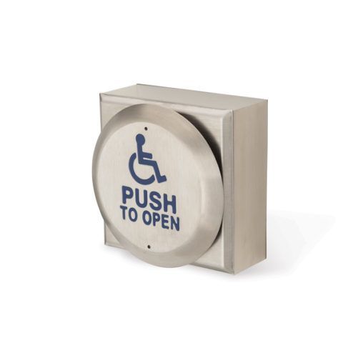 Automatic Doors Installation and Repair - A stainless steel push to open button with a handicap symbol on it.