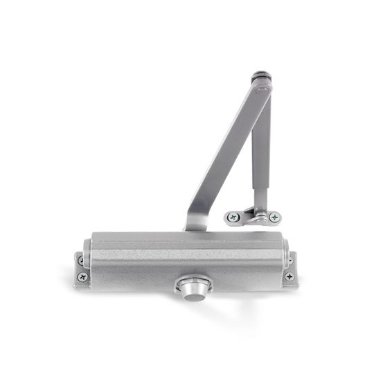 A close up of a door closer on a white background.