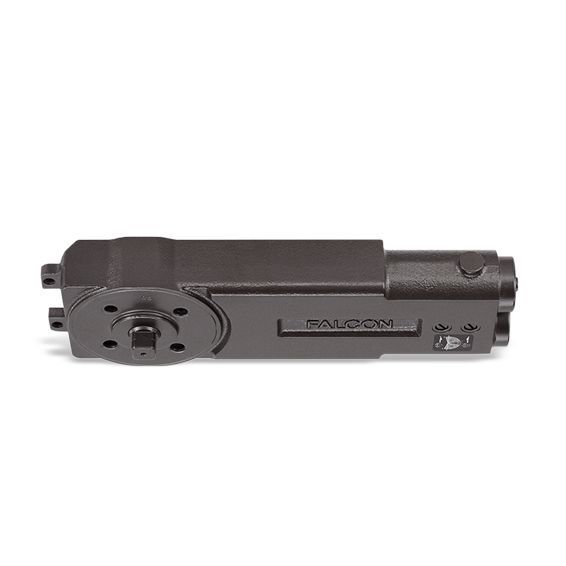 A close up of a door closer on a white background.