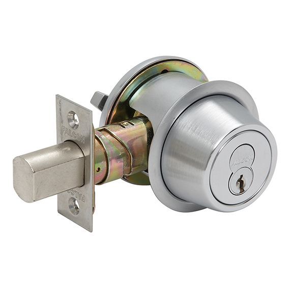 A close up of a stainless steel door lock on a white background