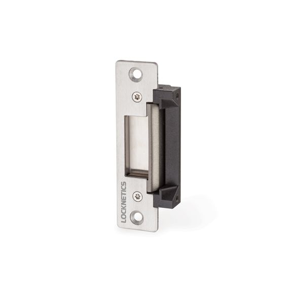 A stainless steel door latch with a black handle on a white background.