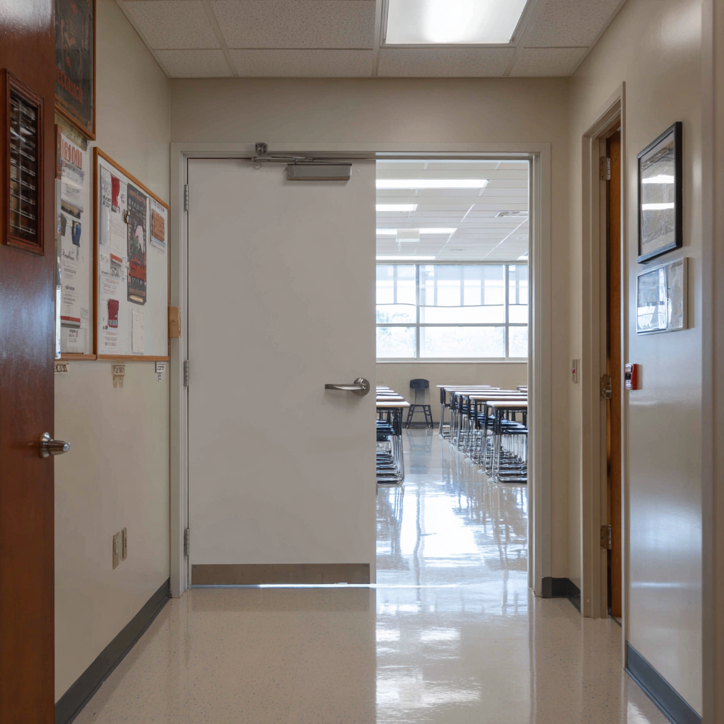 A hallway leading to a classroom with tables and chairs