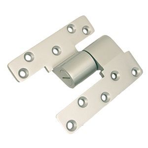 A pair of stainless steel door hinges on a white background