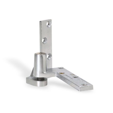 A close up of a stainless steel door hinge on a white background.
