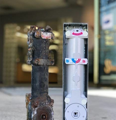 A rusty pipe next to a new pipe on the ground