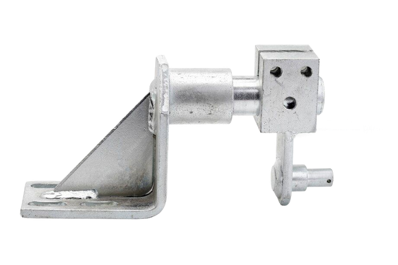 Metal bracket-mounted latch mechanism with silver cylindrical housing and small hanging handle on white background