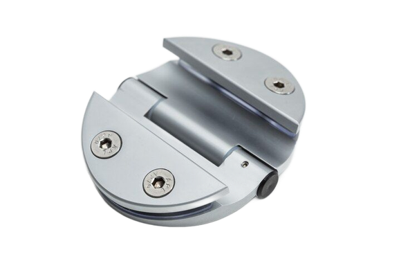 Silver metal hinge with screw mounts on a white background