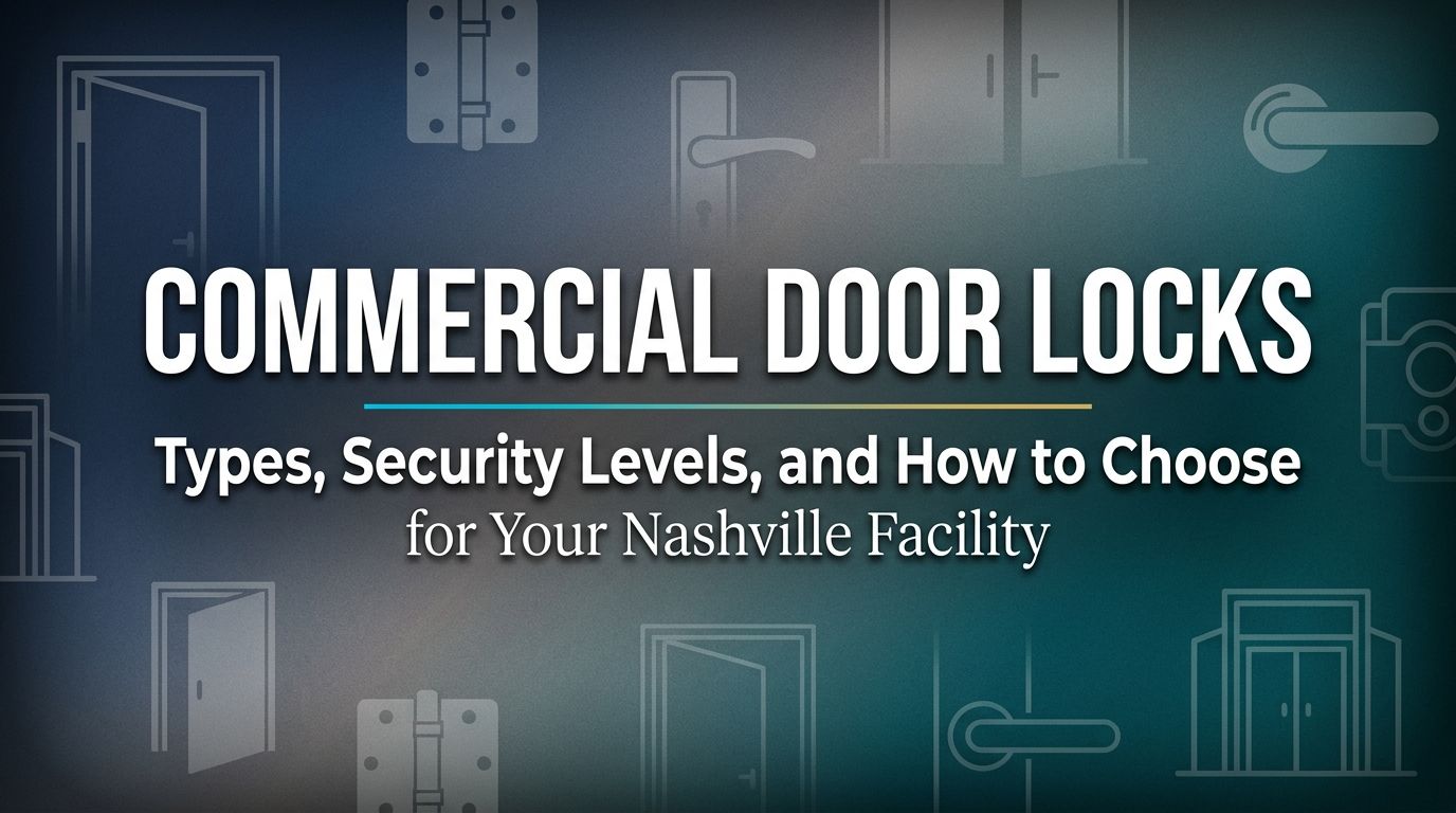 Commercial door locks infographic with blue background and white text: types, security levels, and how to choose.