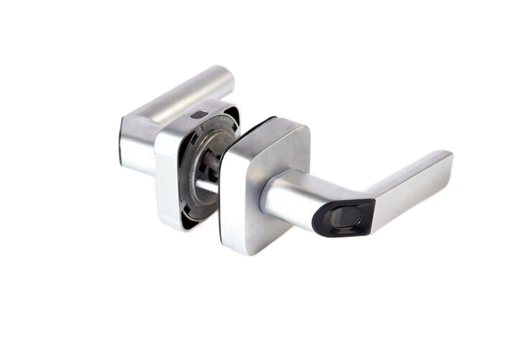 Chrome door lever handle with square backplate on a white background