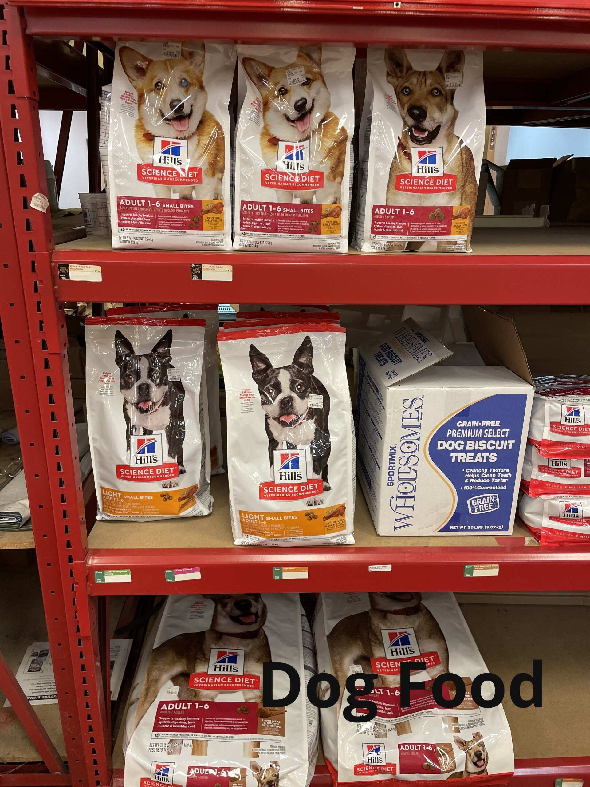 A shelf filled with bags of dog food in a store.