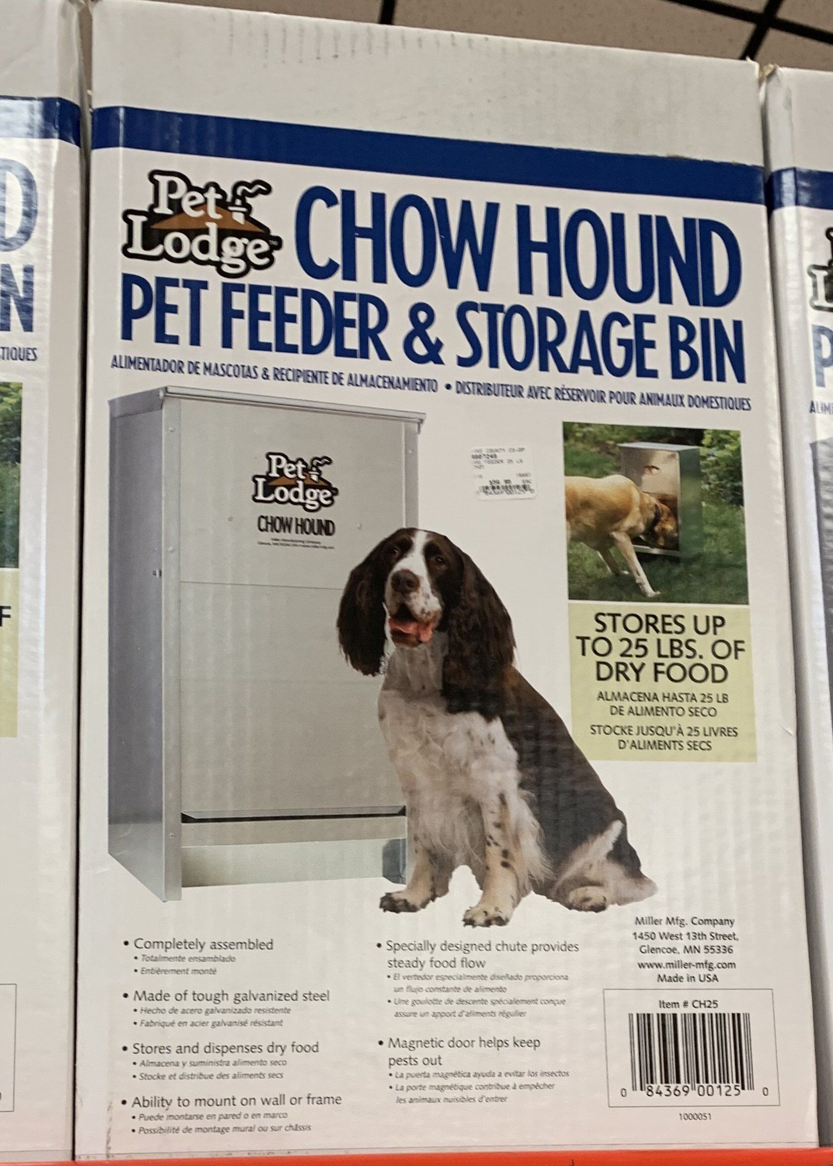 A pet lodge chow hound pet feeder and storage bin