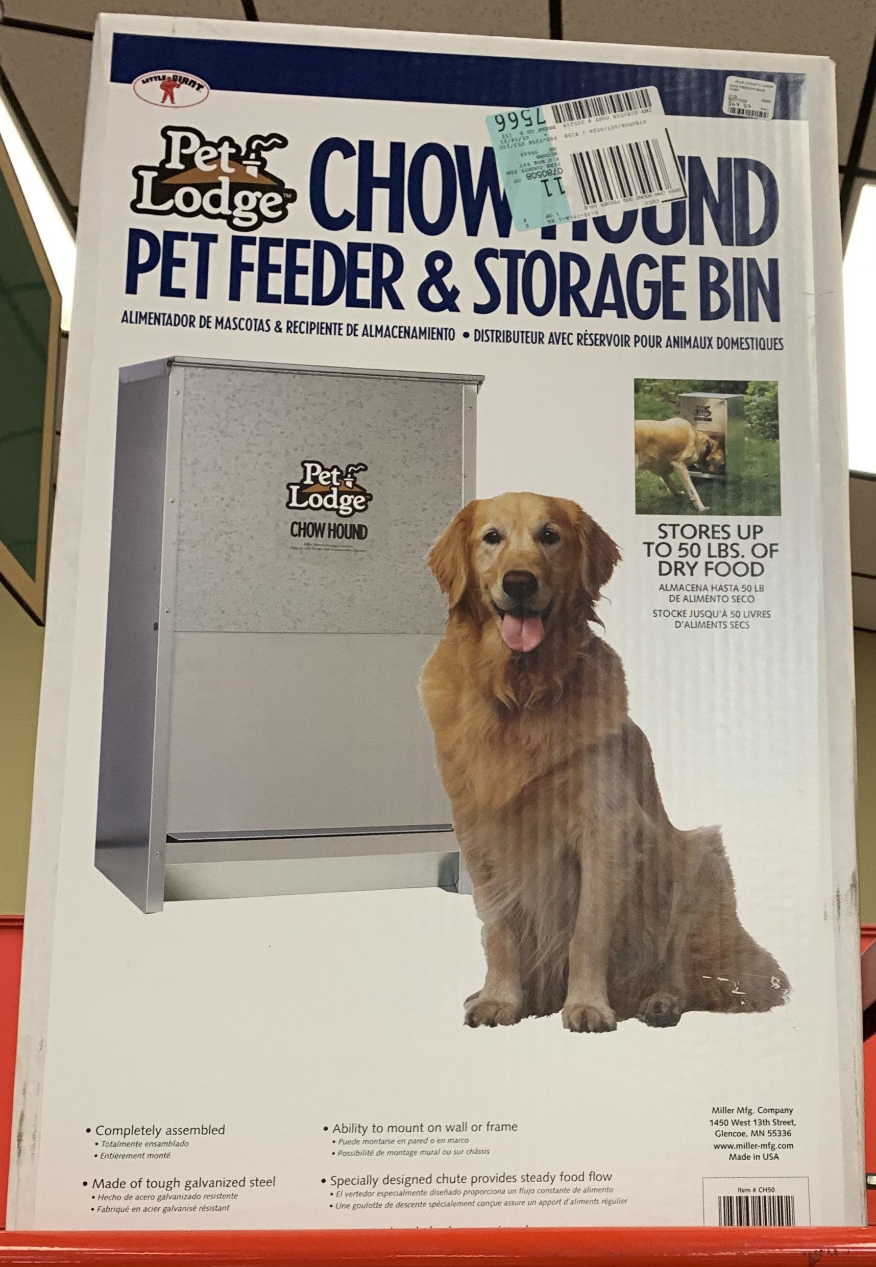 A box of pet lodge chowhound pet feeder and storage bin
