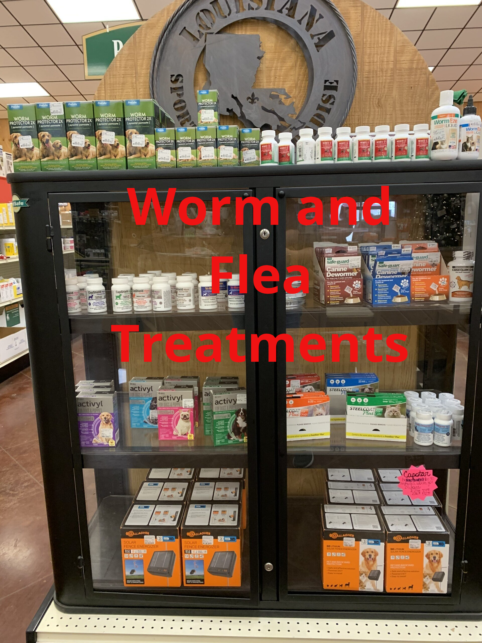 A display of worm and flea treatments in a store