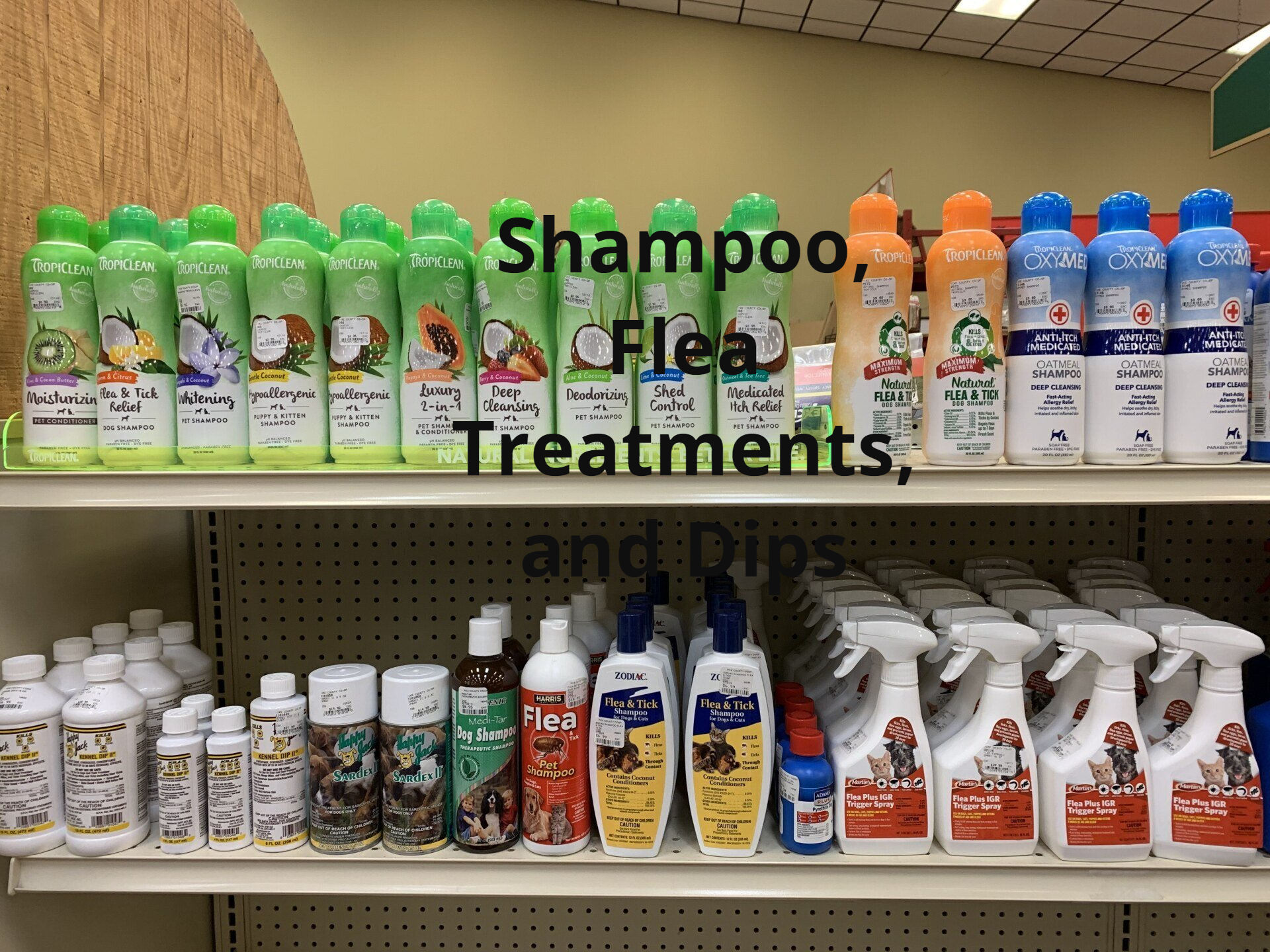 A shelf full of shampoo , flea treatments , and dips