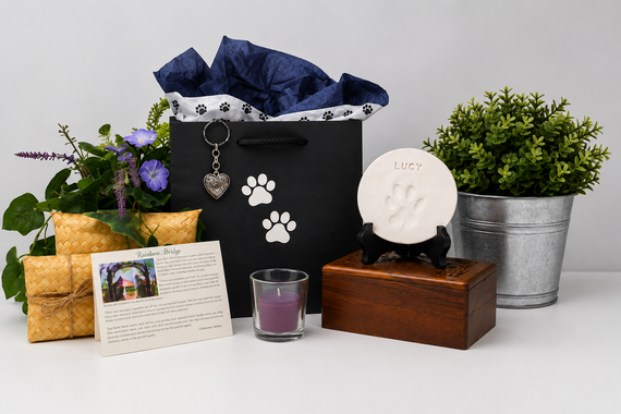 Spa gift basket with a black mug, purple candle, soap bars, flowers, and a potted plant