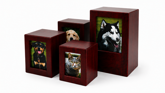 Three dark wooden pet photo frames displaying dog portraits in varying sizes
