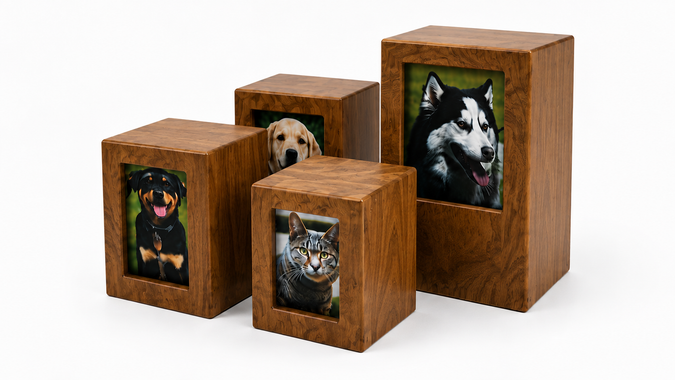 Four wooden pet urns with engraved dog photos on a white background
