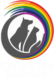 Gray cat and dog silhouette logo inside a rainbow circular swoosh with faint 
