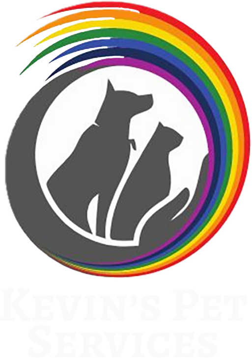 Gray cat and dog silhouette logo inside a rainbow circular swoosh with faint 