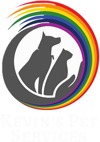 Gray cat and dog silhouette logo inside a rainbow circular swoosh with faint
