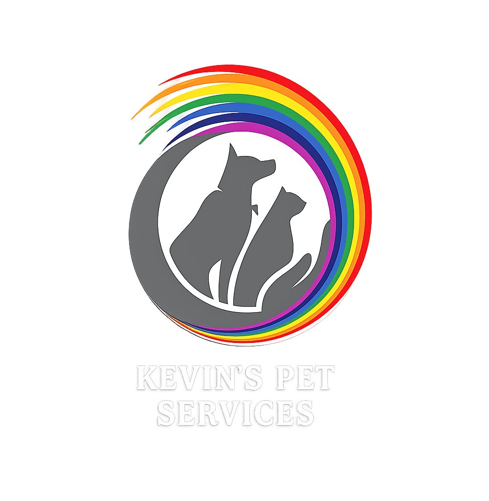 Logo of a cat and dog in a gray circle with a rainbow arc and &ldquo;Kevin&rsquo;s Pet Services&rdquo; text