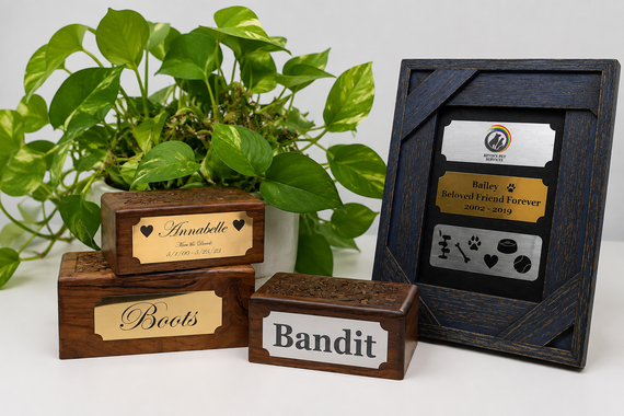 Green plant beside three wooden name blocks and a black-framed memorial plaque for a beloved pet dog