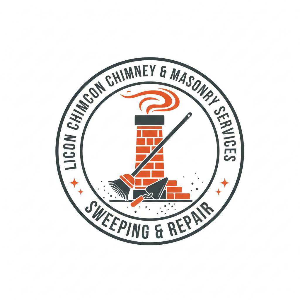 Logo for "Licon Chimcon Chimney & Masonry Services." Features a chimney, brush, trowel, and brick.