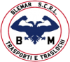 Logo per l'azienda di trasporti BM, con emblema circolare rosso e nero e silhouette di un camion.