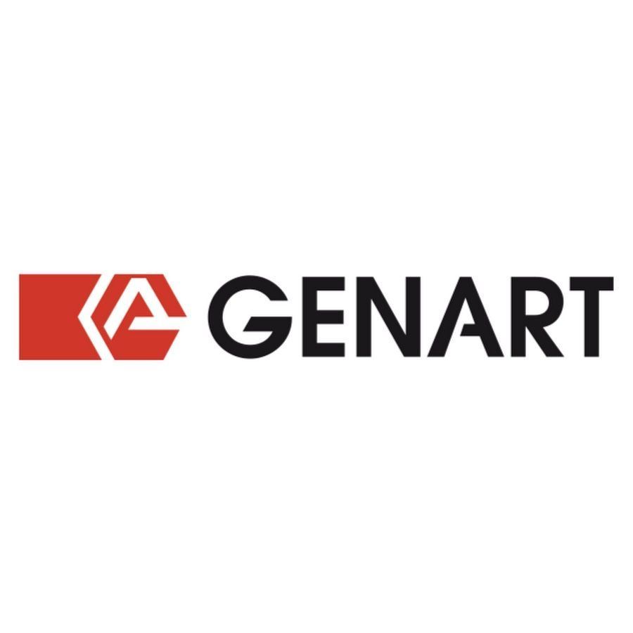 Logo GENART con icona geometrica rossa e scritta nera su sfondo bianco.