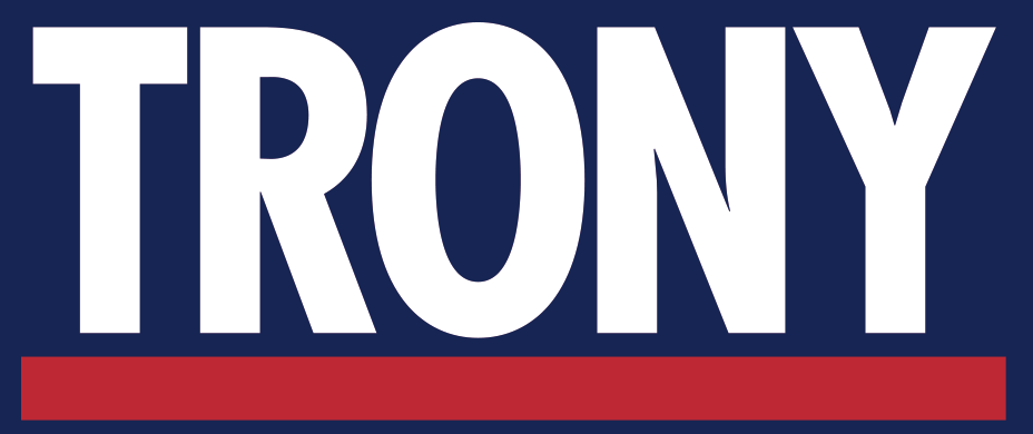 Logo TRONY in bianco su sfondo blu con sottolineatura rossa