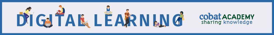 Banner per l'apprendimento digitale con il logo cbatACADEMY e figure blu su sfondo chiaro.