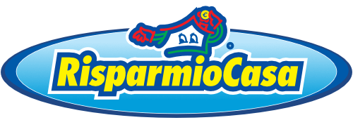Logo RisparmioCasa in giallo e blu all'interno di un ovale blu con contorno decorativo rosso.