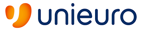 Logo Unieuro con icona arancione e testo blu su sfondo bianco.