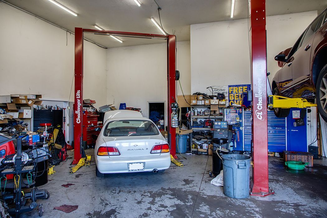 Back view of white car with hood up, with red SUV lifted up in our garage in Centerville, UT | Baker Automotive