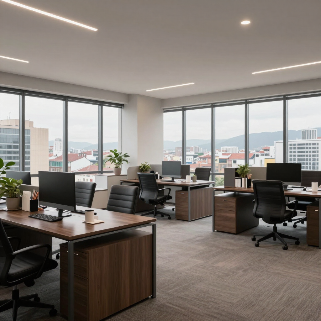 Oficina moderna de planta abierta con escritorios, monitores de ordenador