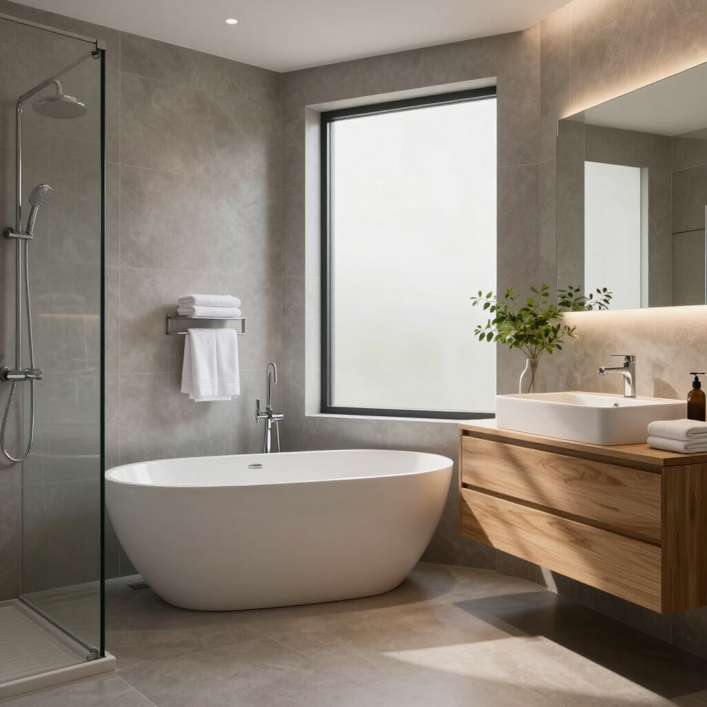 Baño moderno con bañera independiente, ducha de cristal, tocador de madera y ventana grande.