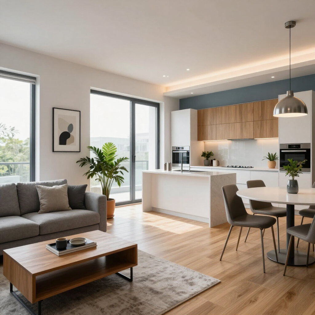 Amplia sala de estar y cocina de concepto abierto con sofá gris