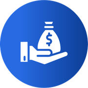 A hand is holding a bag of money in a blue circle.