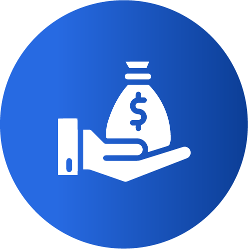 A hand is holding a bag of money in a blue circle.