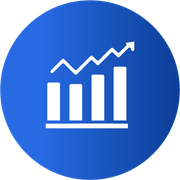 A blue circle with a white icon of a graph with an arrow going up.