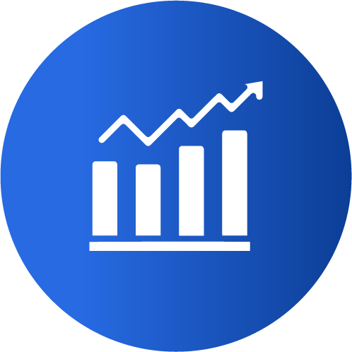 A blue circle with a white icon of a graph with an arrow going up.