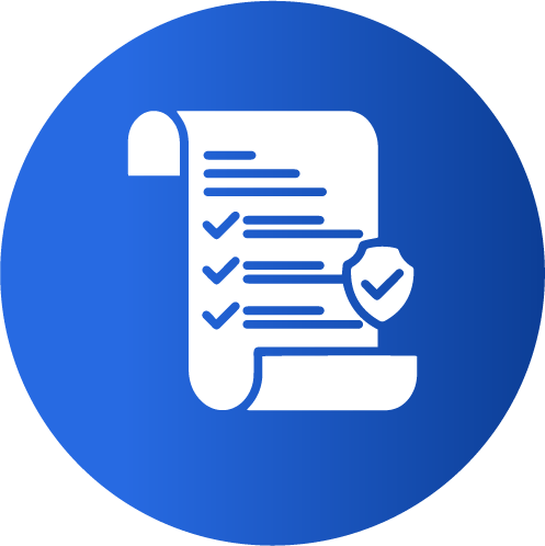 An icon of a checklist with a check mark on it in a blue circle.